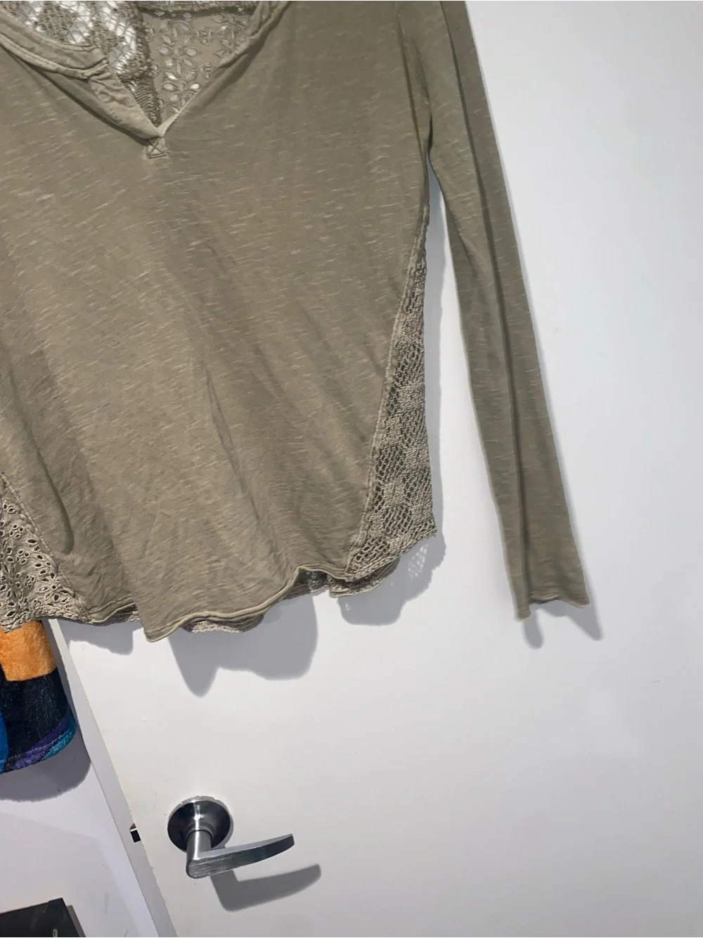 Free People Olive Crochet Lace Patchwork Long Sleeve Boho Top M